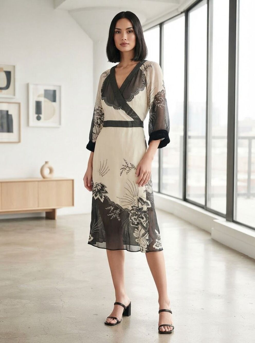 ECI New York Cream Black Boho Flower Silk Satin Kimono Wrap Dress Size 12